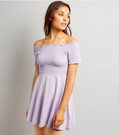 Lilac Shirred Bardot Neck Skater Dress | New Look