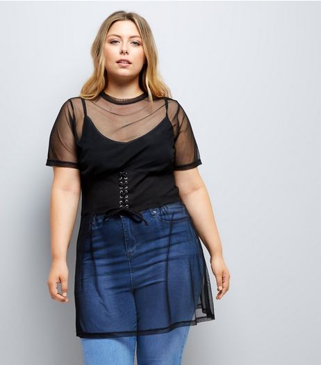 Curves Black Mesh Corset T-Shirt Dress | New Look