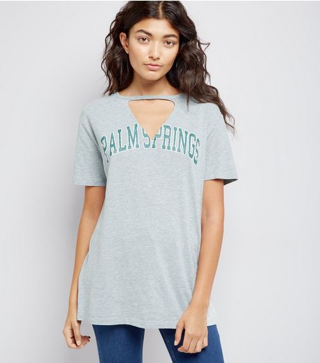 Grey Palm Springs Choker Neck T-Shirt | New Look