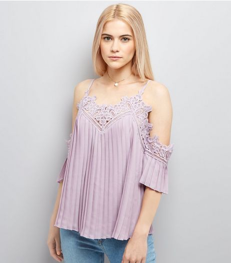 Lilac Crochet Lace Trim Pleated Cold Shoulder Top | New Look