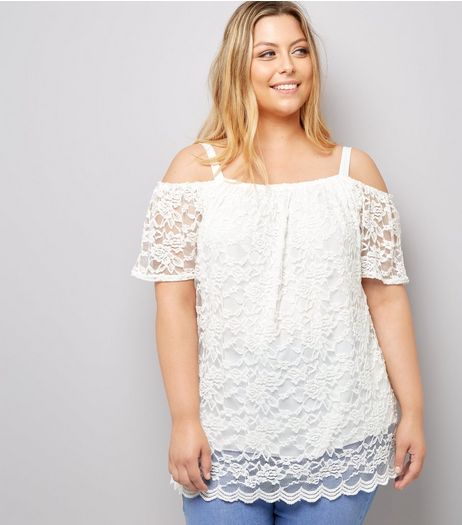 Curves Cream Lace Cold Shoulder Top | New Look