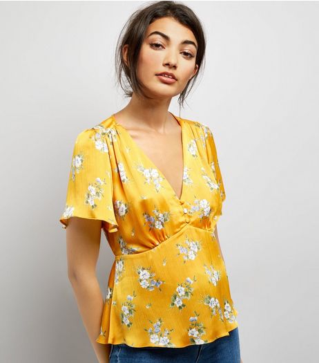 Yellow Floral Print Satin V Neck Top | New Look
