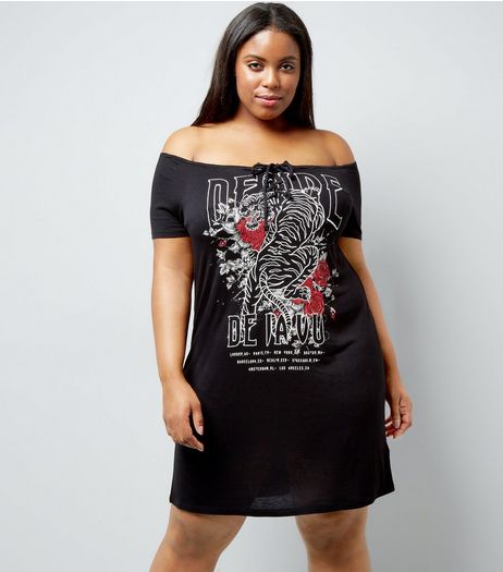 Curves Black Lace Up Bardot Neck Rock T-Shirt Dress | New Look