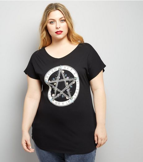 Curves Black Mystic Star Print T-Shirt | New Look