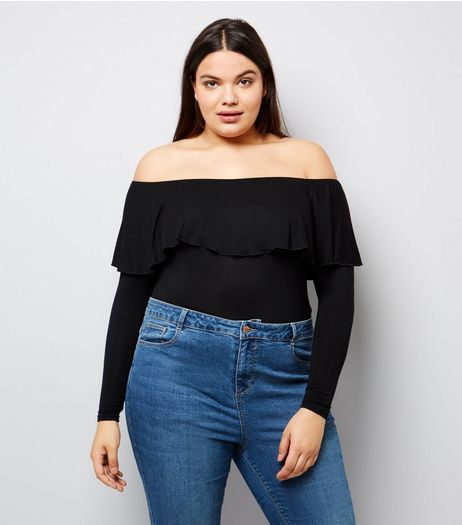 Curves Black Frill Trim Bardot Neck Long Sleeve Bodysuit | New Look