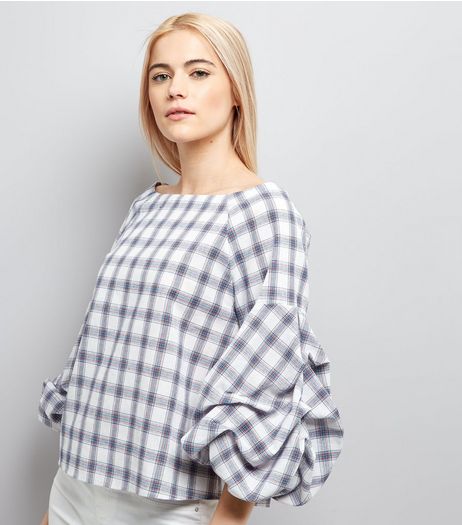 White Check Gathered Sleeve Top | New Look