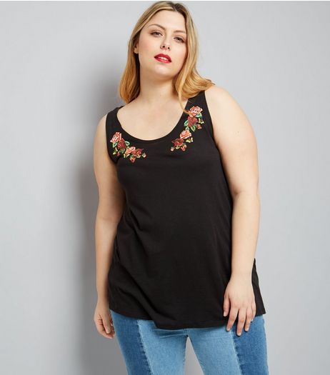 Curves Black Rose Print Neck Vest | New Look