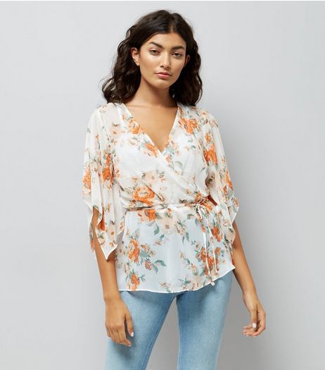 White Floral Print Hanky Sleeve Wrap Front Top | New Look
