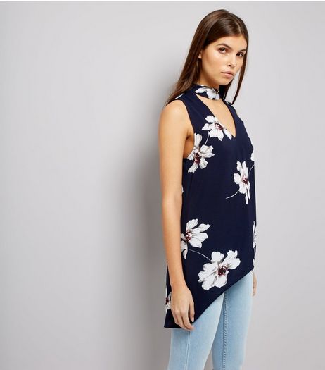 AX Paris Blue Floral Print Choker Neck Top | New Look