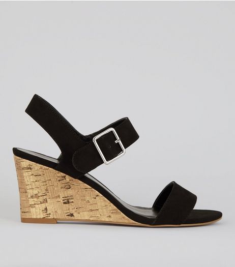Black Ankle Strap Cork Wedge Heeled Sandals | New Look