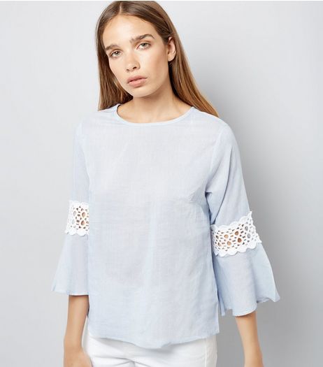Blue Stripe Crochet Trim Bell Sleeve Top | New Look