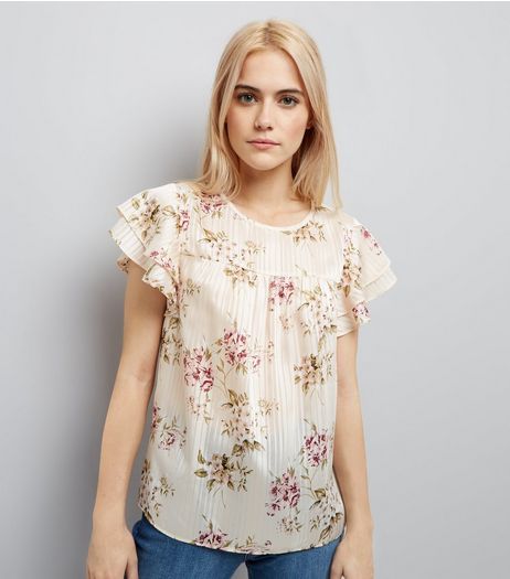 Cream Floral Print Pleated Frill Sleeve Top | New Look