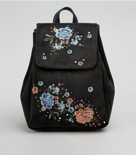 Black Suedette Floral Embroidered Mini Backpack | New Look