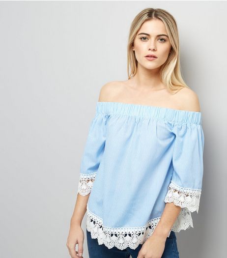 Blue Crochet Lace Trim Bardot Neck Top | New Look