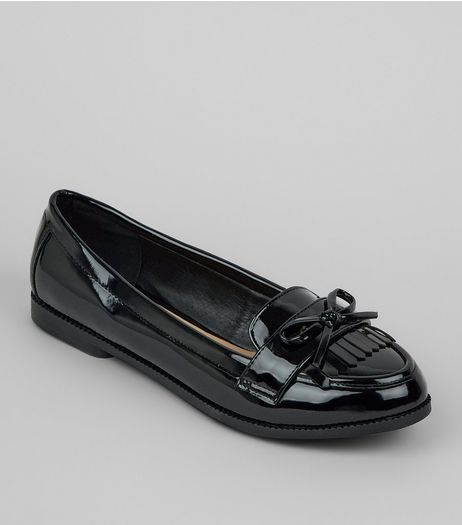 Wide Fit Black Patent Bow Loafers | New Look