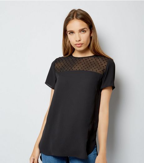Black Spot Mesh Yoke Dip Hem Top | New Look