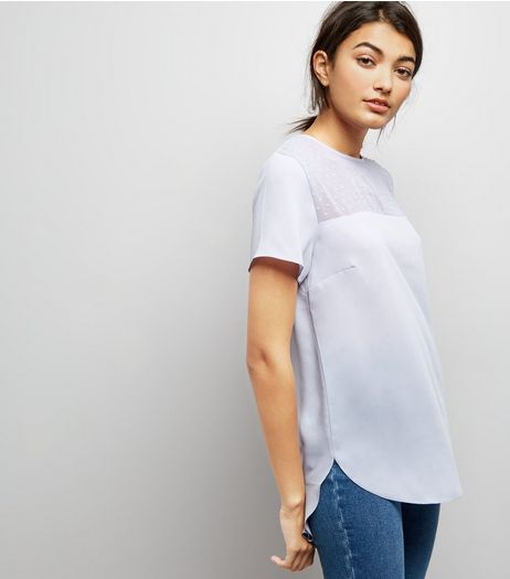 Pale Blue Spot Mesh Yoke Dip Hem Top | New Look
