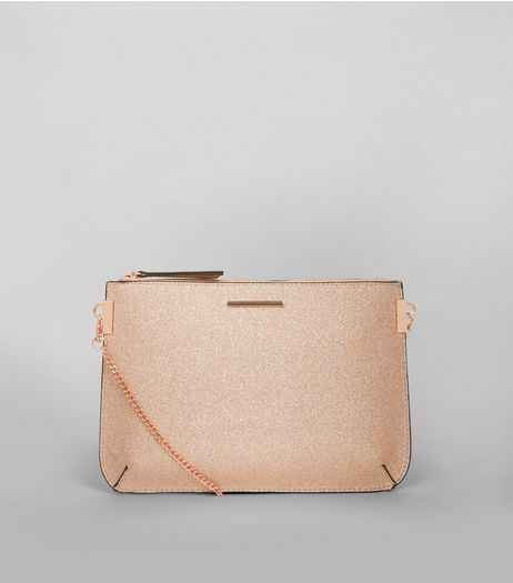 Rose Gold Glitter Curve Flat Clutch | New Look
