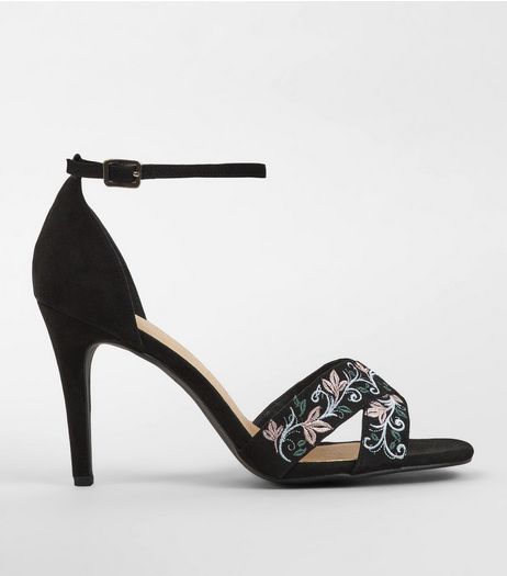 Wide Fit Black Comfort Embroidered Heeled Sandals | New Look