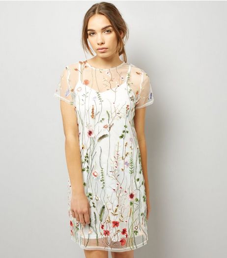 White Floral Embroidered Mesh T-Shirt Dress | New Look