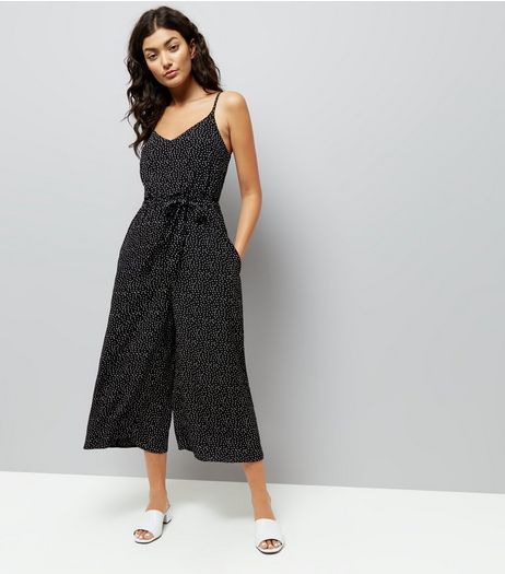 Black Spot Print Tie Waist Culotte Jumpsuit | New Look