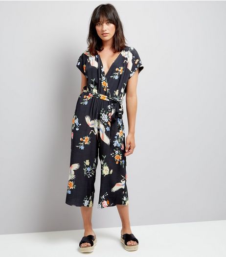 Black Floral Print Tie Waist Jumpsuit | New Look