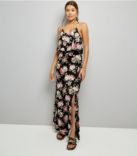 Black Floral Print Layered Maxi Dress | New Look