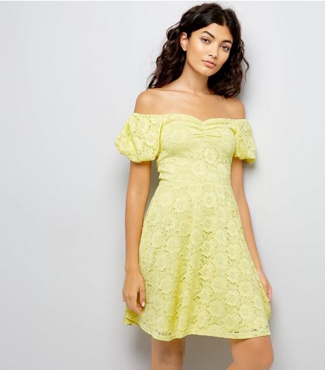Yellow Lace Bardot Skater Dress | New Look
