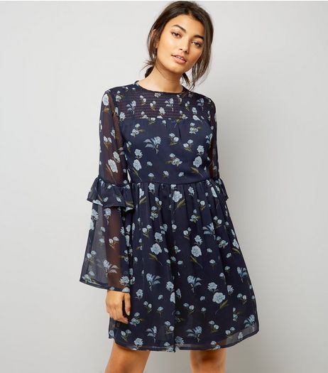Blue Floral Print Frill Sleeve Smock Dress | New Look
