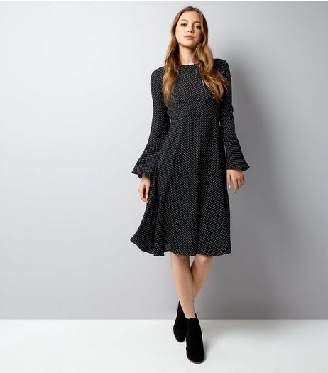 Black Polka Dot Bell Sleeve Midi Dress | New Look