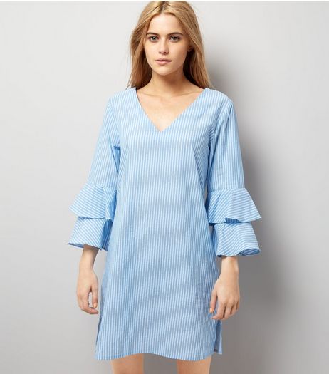 Blue Stripe V Neck Frill Sleeve Tunic Dress | New Look