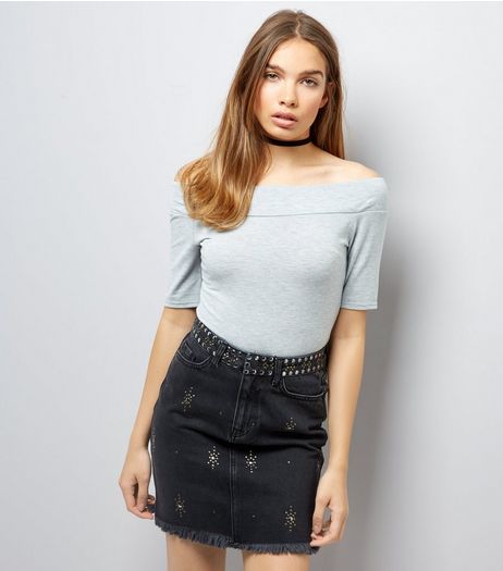 Black Studded Fray Hem Denim Skirt | New Look