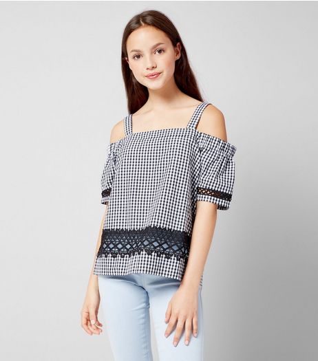 Teens Black Gingham Cold Shoulder Top | New Look