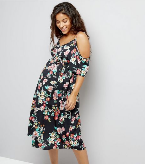 Maternity Black Floral Print Cold Shoulder Dress | New Look