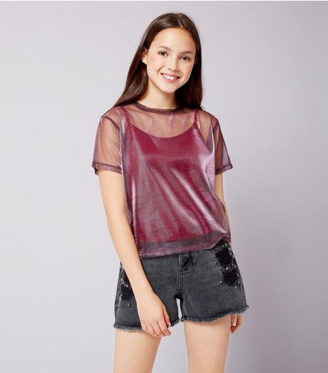 Teens Deep Pink Metallic Mesh Top | New Look