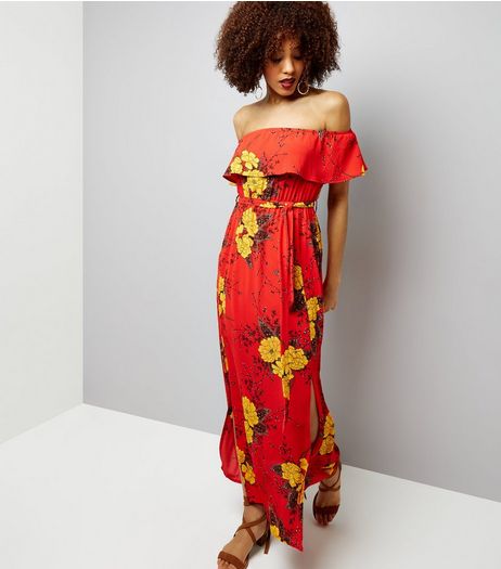 Cameo Rose Red Floral Print Bardot Neck Maxi Dress | New Look