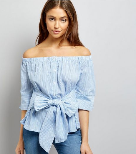 Influence Blue Tie Front Bardot Shirt | New Look