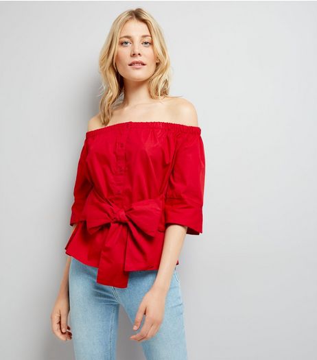 Influence Red Tie Front Bardot Neck Shirt | New Look
