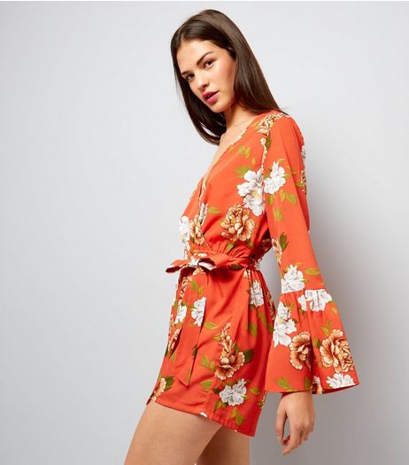Influence Orange Floral Print Bell Sleeve Playsuit | New Look
