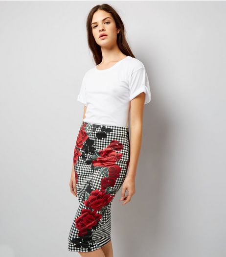 Black Gingham and Floral Print Pencil Skirt | New Look