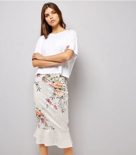 Cream Floral Print Peplum Hem Midi Skirt | New Look