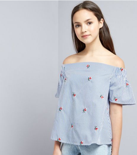 Teens White Stripe Floral Embroidered Bardot Neck Top | New Look