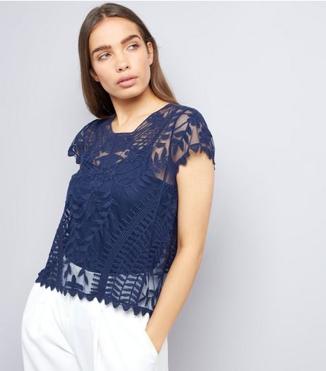 Apricot Navy Embroidered Mesh Cap Sleeve Top | New Look
