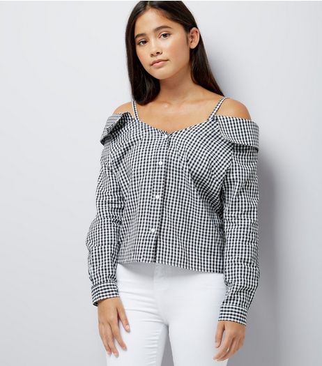 Teens Black Gingham Cold Shoulder Shirt | New Look