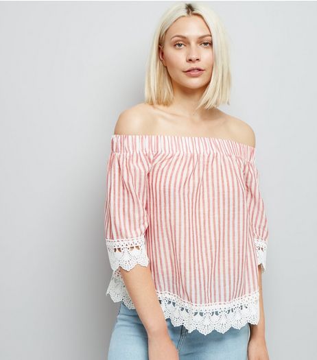 Red Stripe Lace Trim Bardot Neck Top | New Look