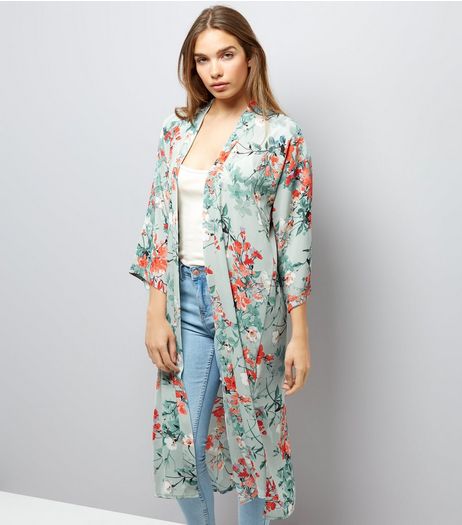 Green Floral Print Longline Kimono | New Look