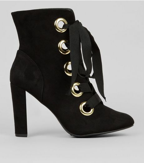 Wide Fit Black Suedette Eyelet Lace Up Heeled Boots | New Look