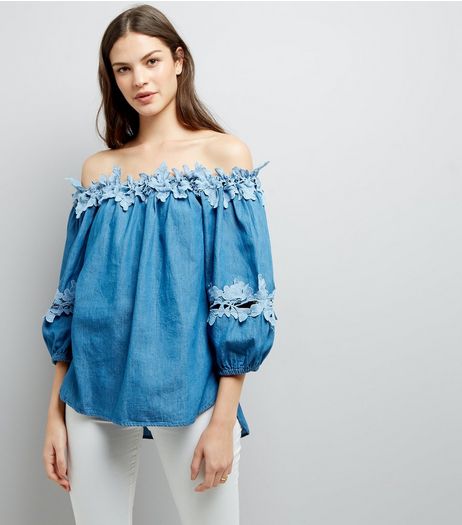Cameo Rose Pale Blue Lace Trim Bardot Neck Top | New Look