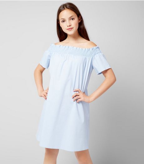 Teens Pale Blue Bardot Neck Dress | New Look
