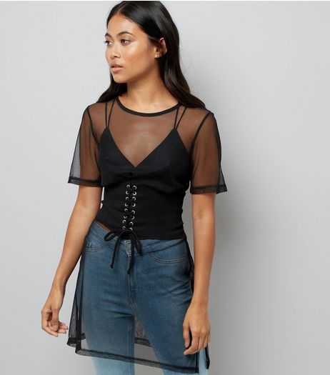 Petite Black Mesh Corset T-Shirt Dress | New Look